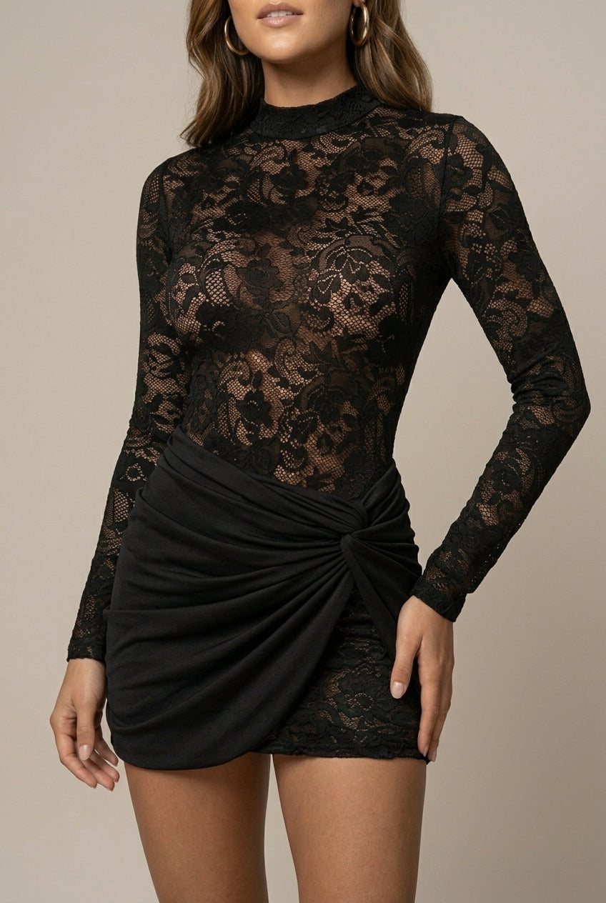 Women's Sheer Lace Bodycon Dress - Long Sleeve High Neckline