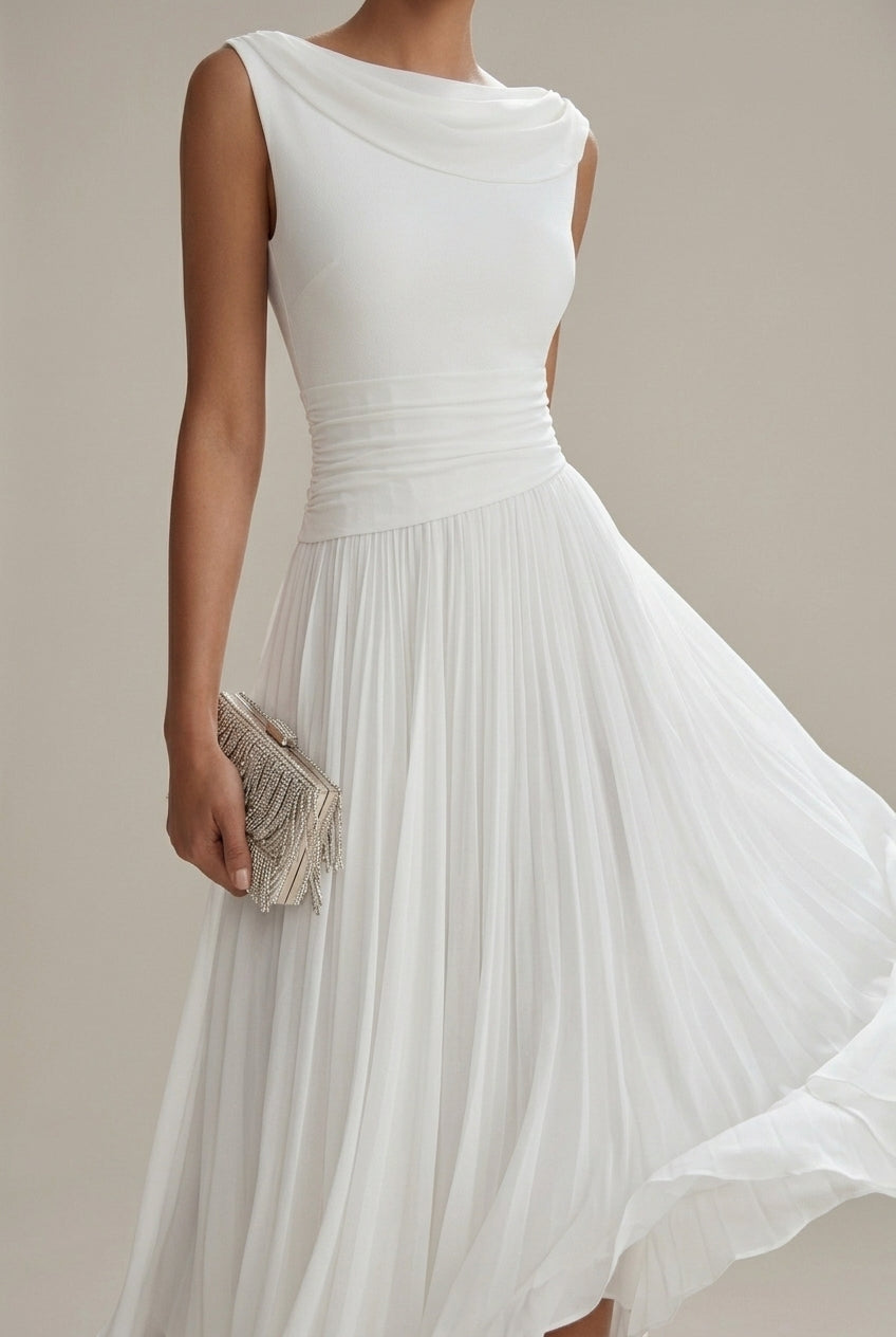 Women's Sleeveless Draped Neckline Pleated Midi Dress