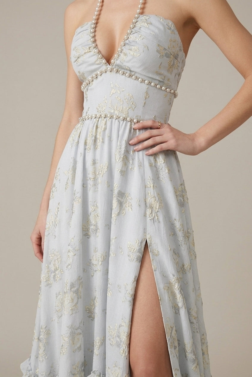 Women's Floral Halter Maxi Dress - V-Neck - Front Slit