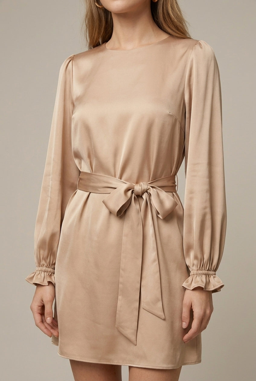Women's Satin Mini Dress Tie Belt Long Sleeve