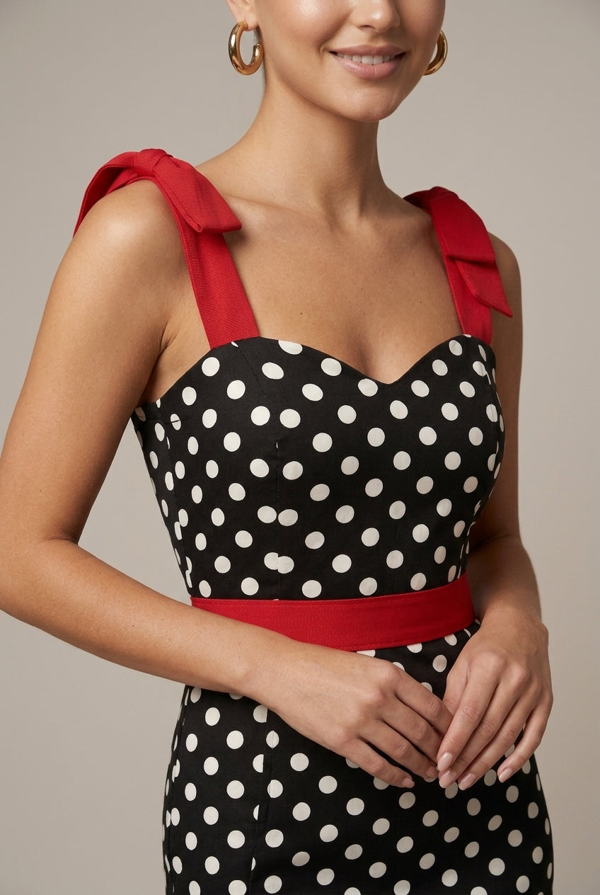 Women's Polka Dot Sweetheart Bodycon Maxi Dress - Bow Strap Detail