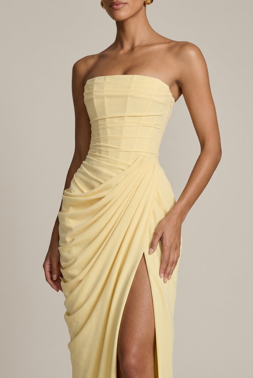 Women's Strapless Ruched Side Slit Maxi Dress
