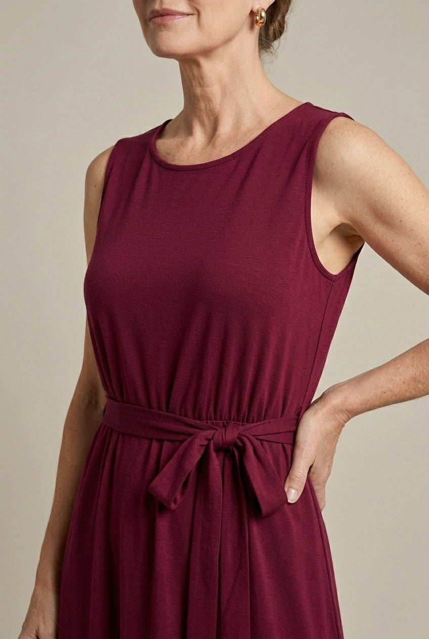 Women's Sleeveless Belted Midi Dress with Side Slit - Summer Dress