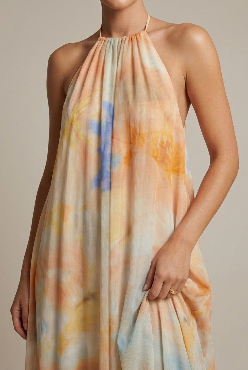 Women's Peach Halter Neck Backless Maxi Dress