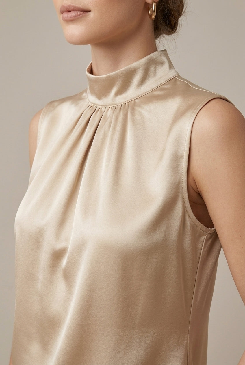 Dámský bezrukávový top s rolákem - elegantní design s vysokým límcem - vytříbená halenka vhodná od neformálního nošení po práci