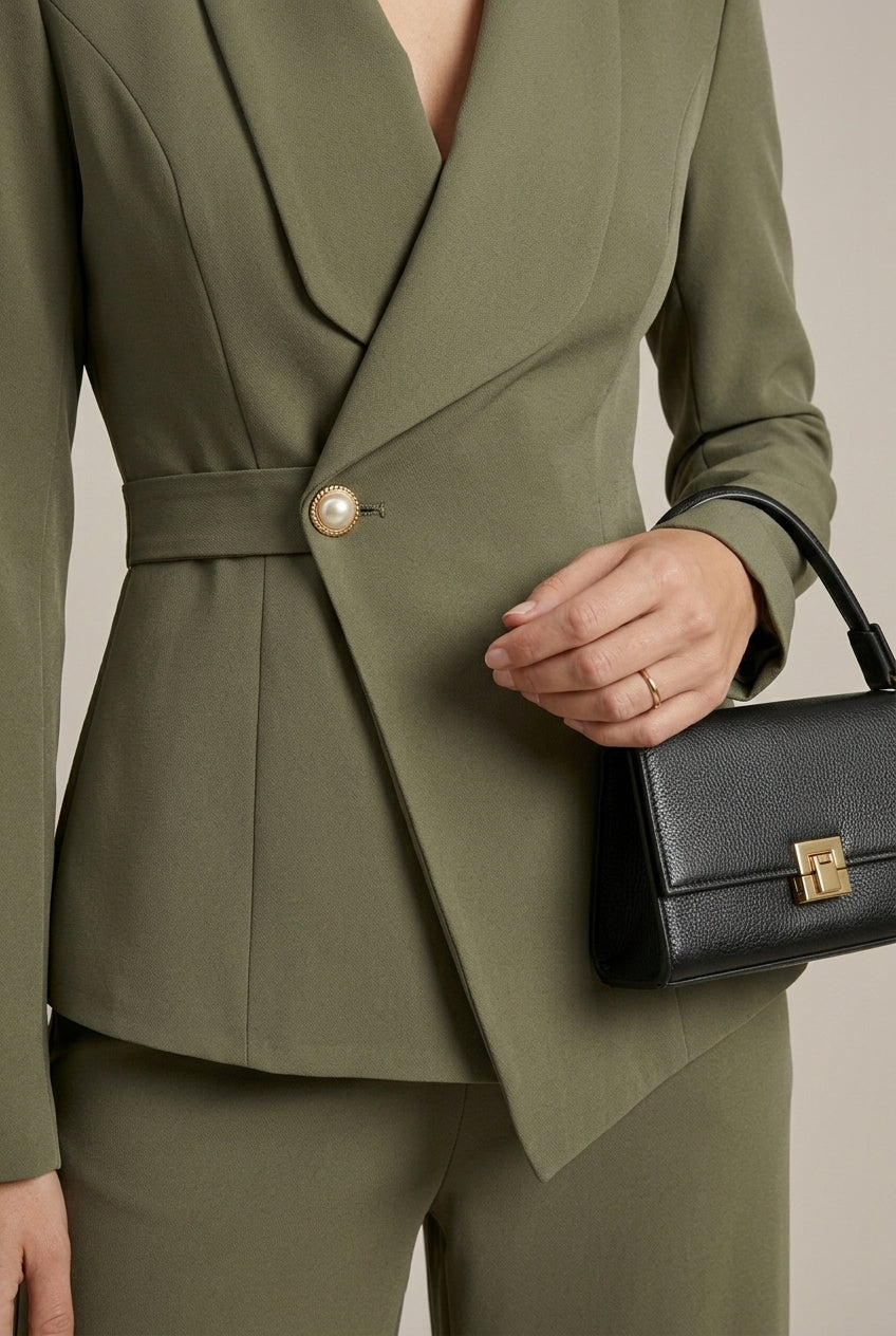 Women’s Two Piece Suit Set with V Neck Jacket and Straight Leg Wide Pants