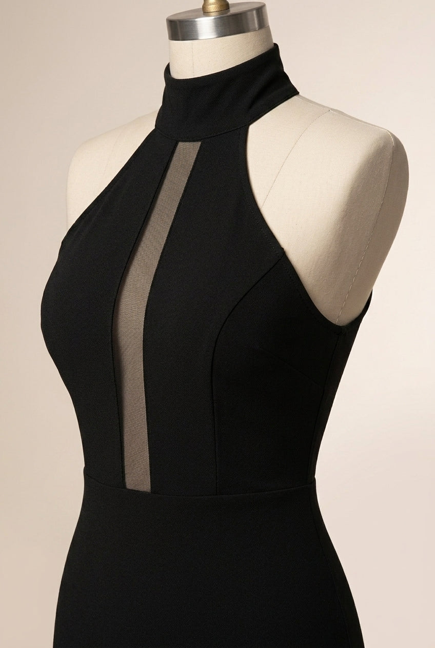 Women's High Neck Halter Midi Dress with Mesh Inset
