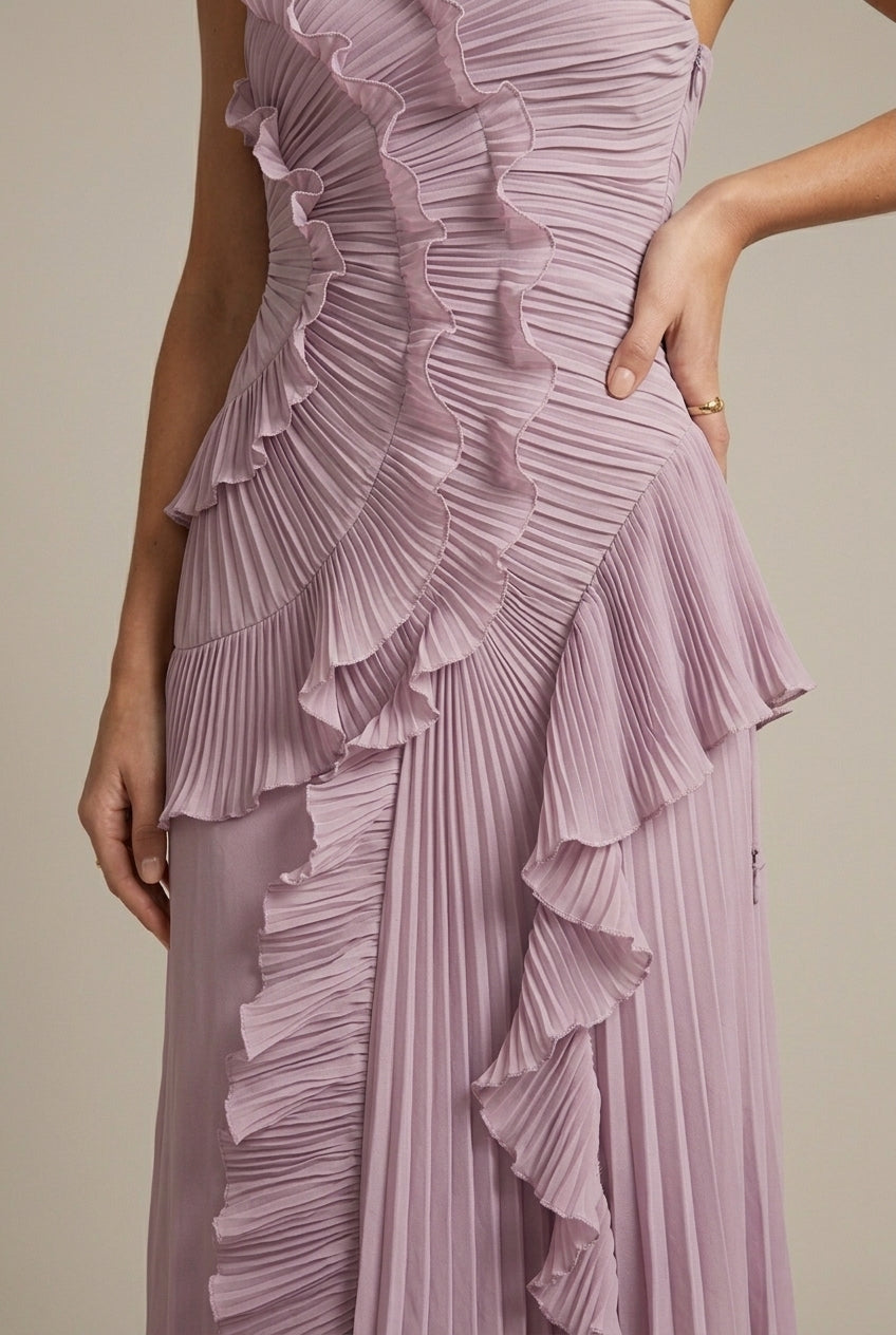 Women's Halter Ruffle Pleated Maxi Dress - Cross Back Straps