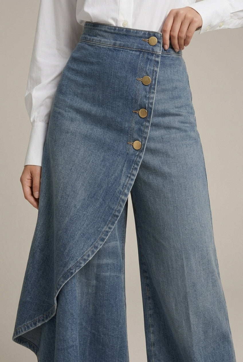 Women's High-Waist Wide Leg Denim Pants with Asymmetric Skirt