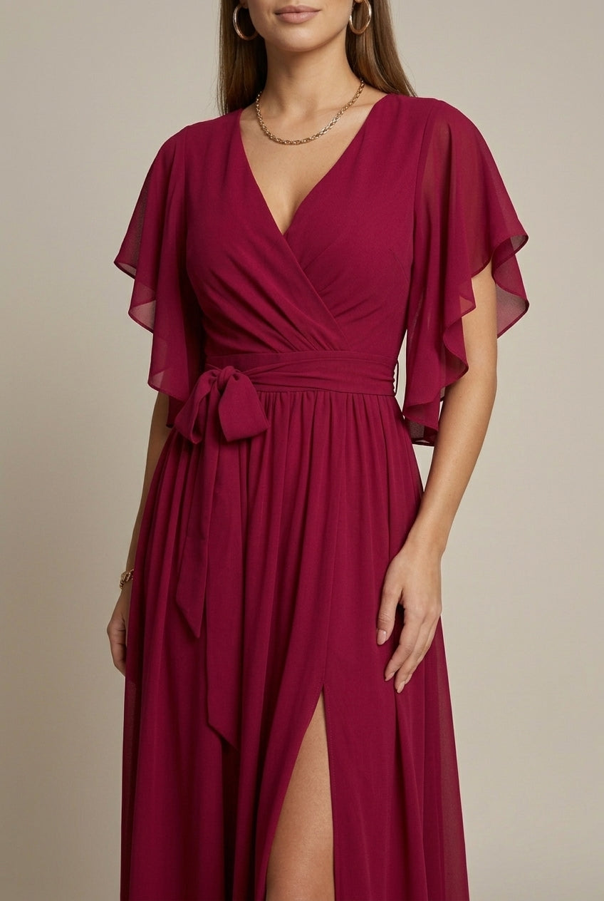 Women's Wrap Maxi Dress V-Neck Flutter Sleeve