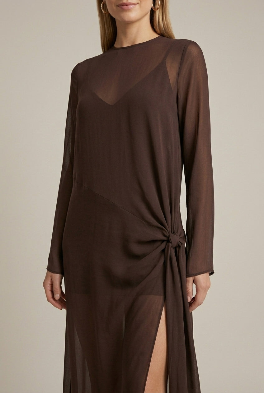 Women's Sheer Mesh High Neck Maxi Dress with Side Tie and Slit