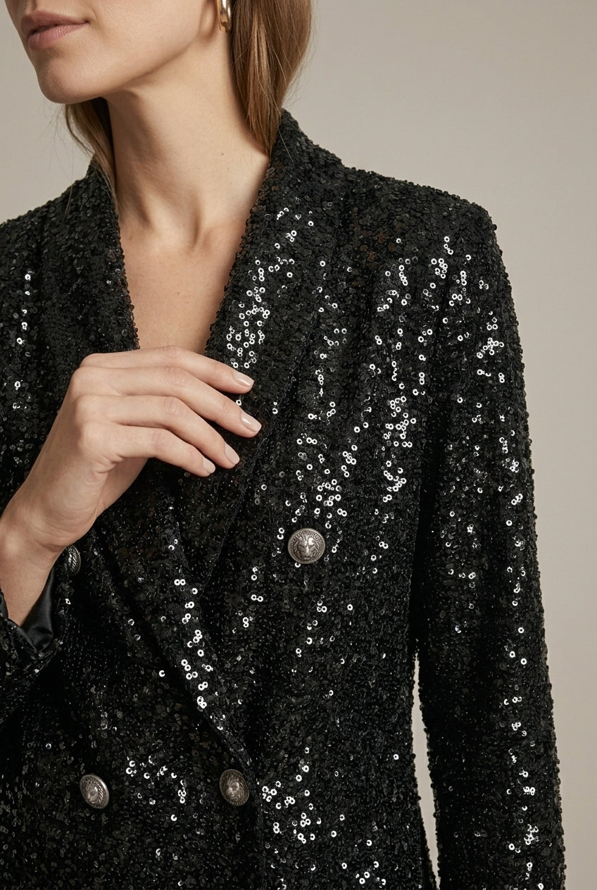 Women's Sequin Double Breasted Long Blazer - Deep V Longline