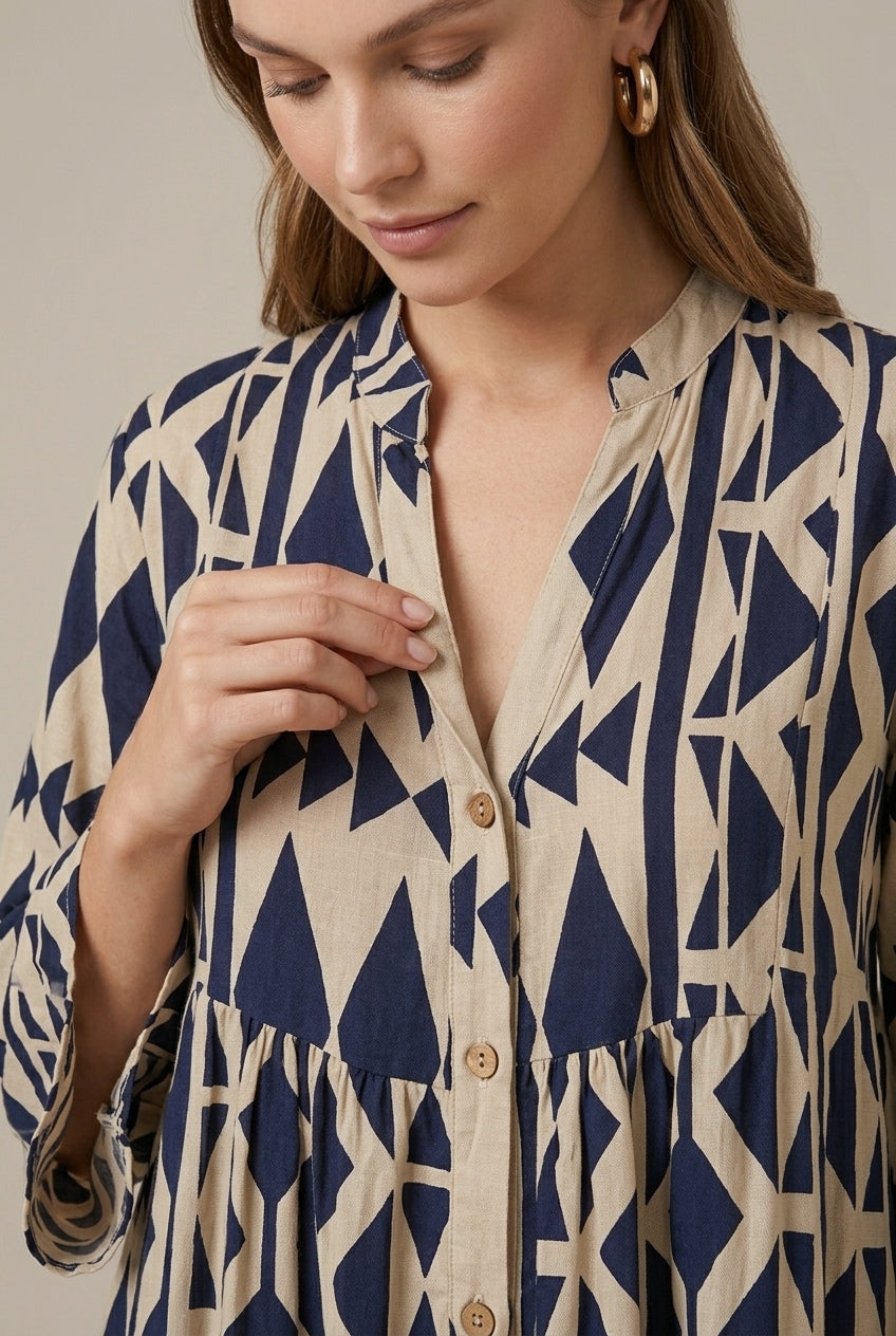 Women's Geometric Print Maxi Dress Tiered V-Neck