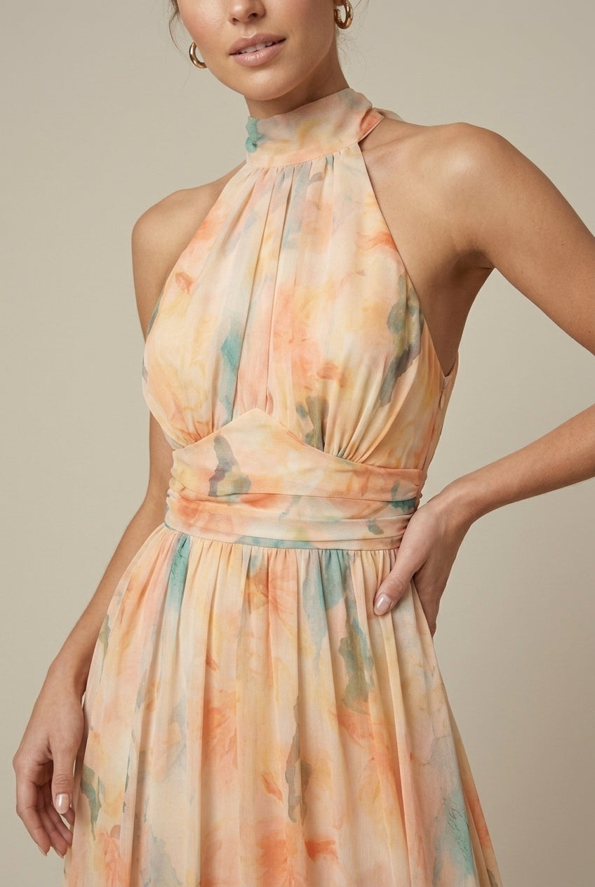 Women's Floral Halter Neck Maxi Dress - Tie Back - Wedding Guest