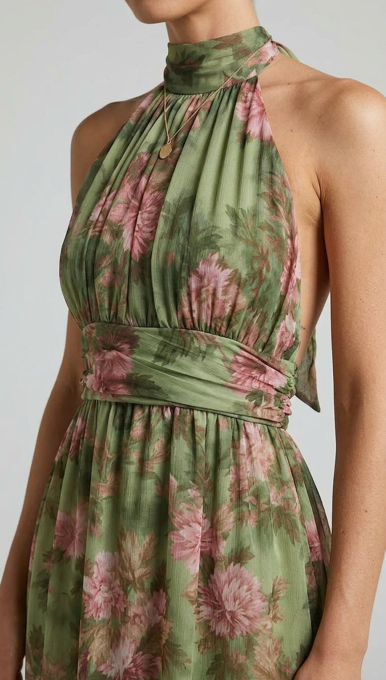 Women's Floral Chiffon Halter Maxi Dress - Wrap Waist Sleeveless