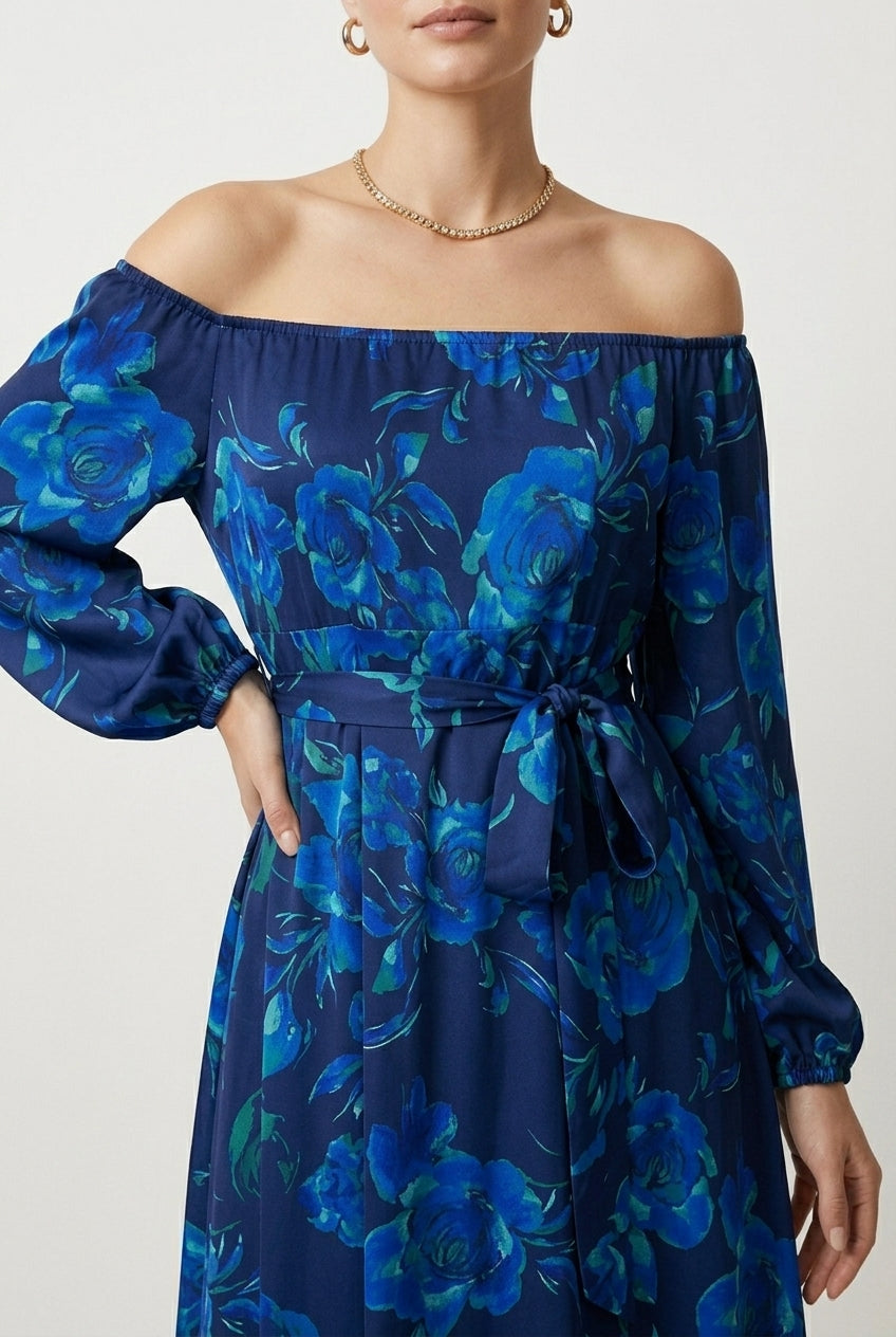 Women's Blue Floral Maxi Dress Off-Shoulder