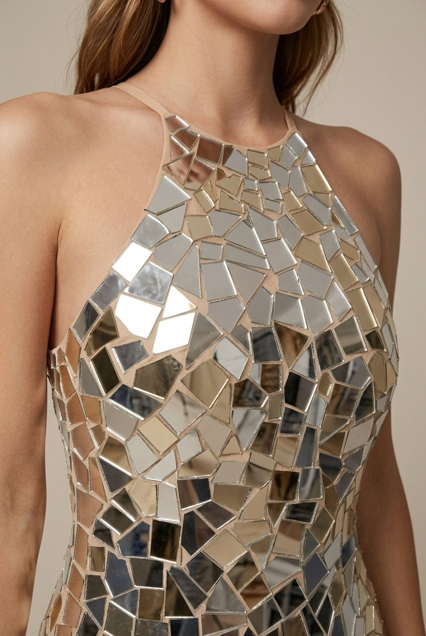 Women's Sleeveless Halter Backless Mosaic Mirror Mini Dress