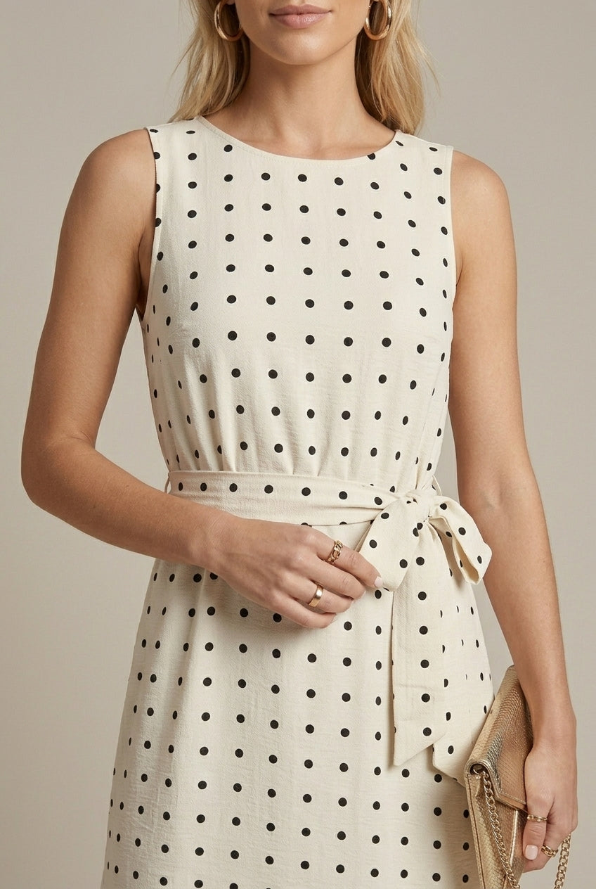 Women's Polka Dot Midi Dress Sleeveless Belted