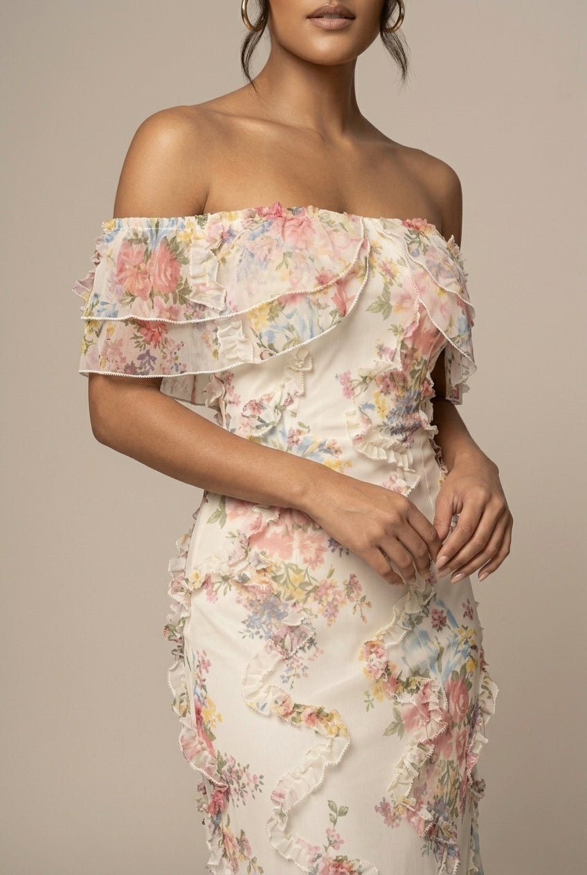 Women's Floral Off Shoulder Ruffle Trim Bodycon Maxi Dress