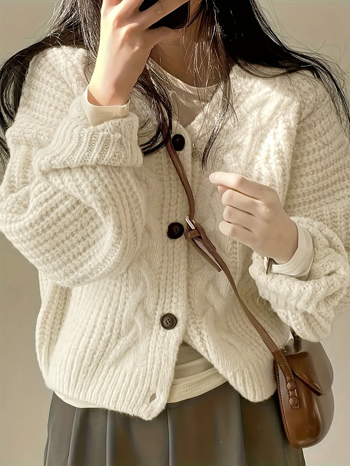 Relaxed Fit Cable Knit Cardigan with Button Front and Full Length Sleeves