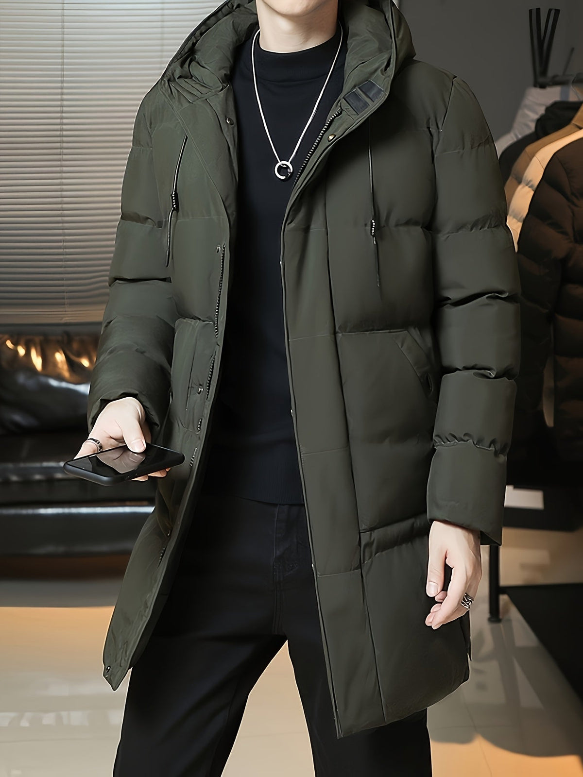 Padded Longline Coat with Adjustable Hood and Full Zipper