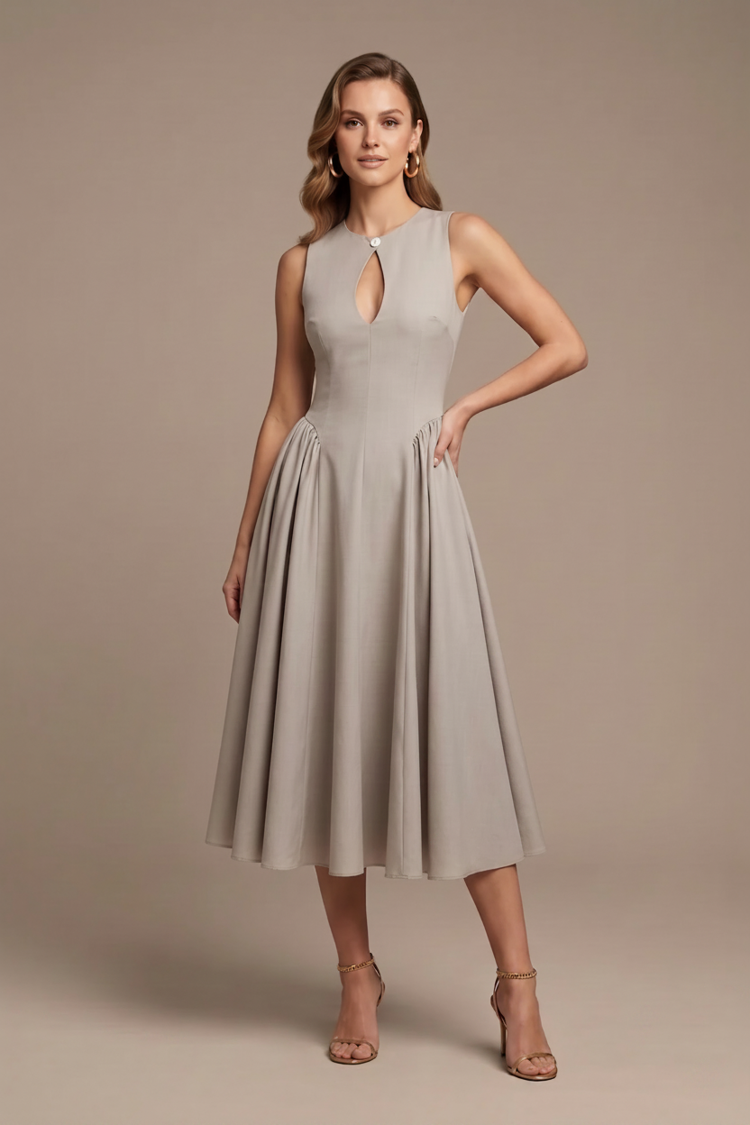 Women's Sleeveless Keyhole Cutout A-Line Midi Dress - Button Closure