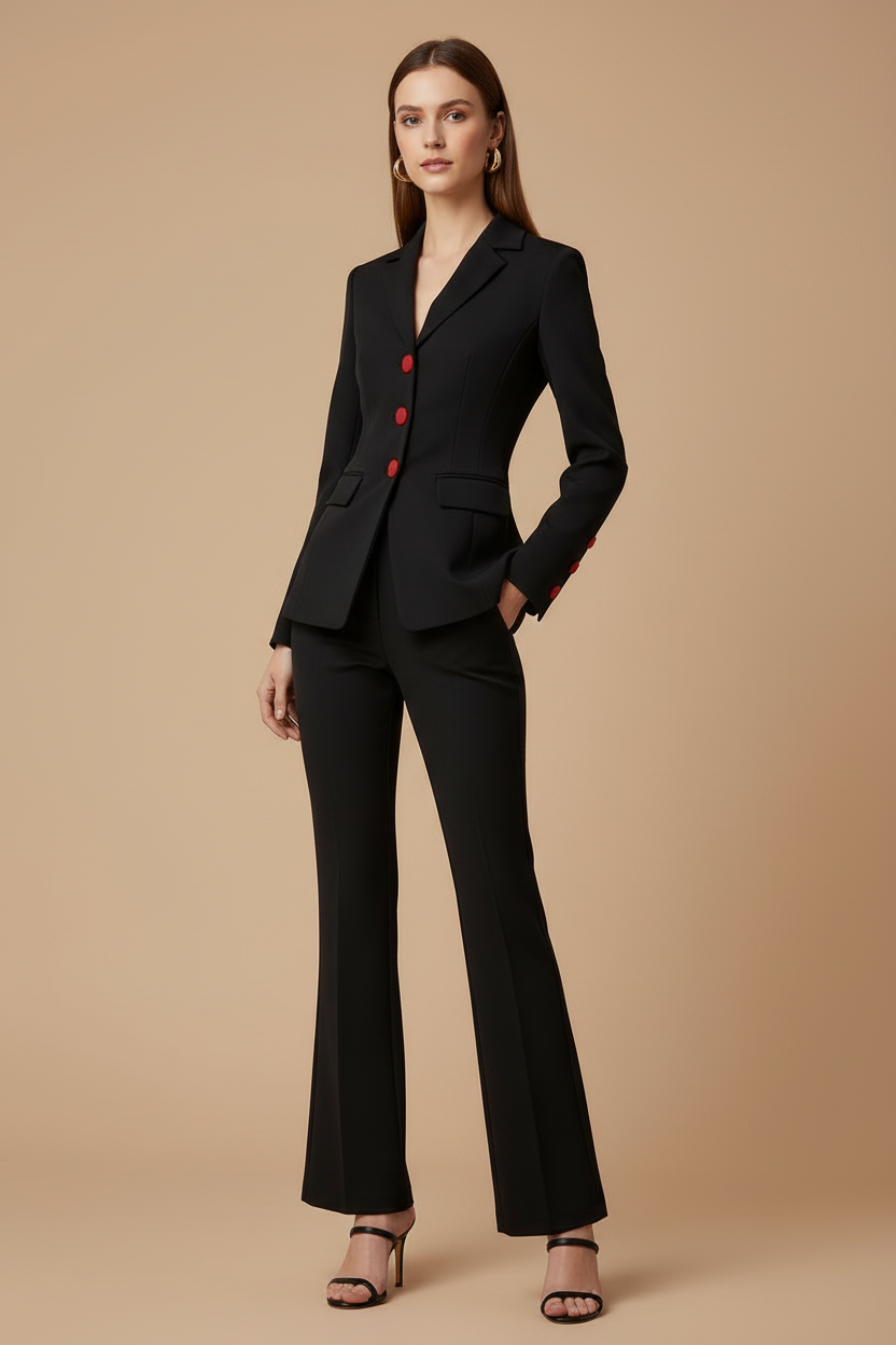 Women's Two Piece Suit Set - Single Breasted Blazer with Red Button Detail and Straight Leg Pants