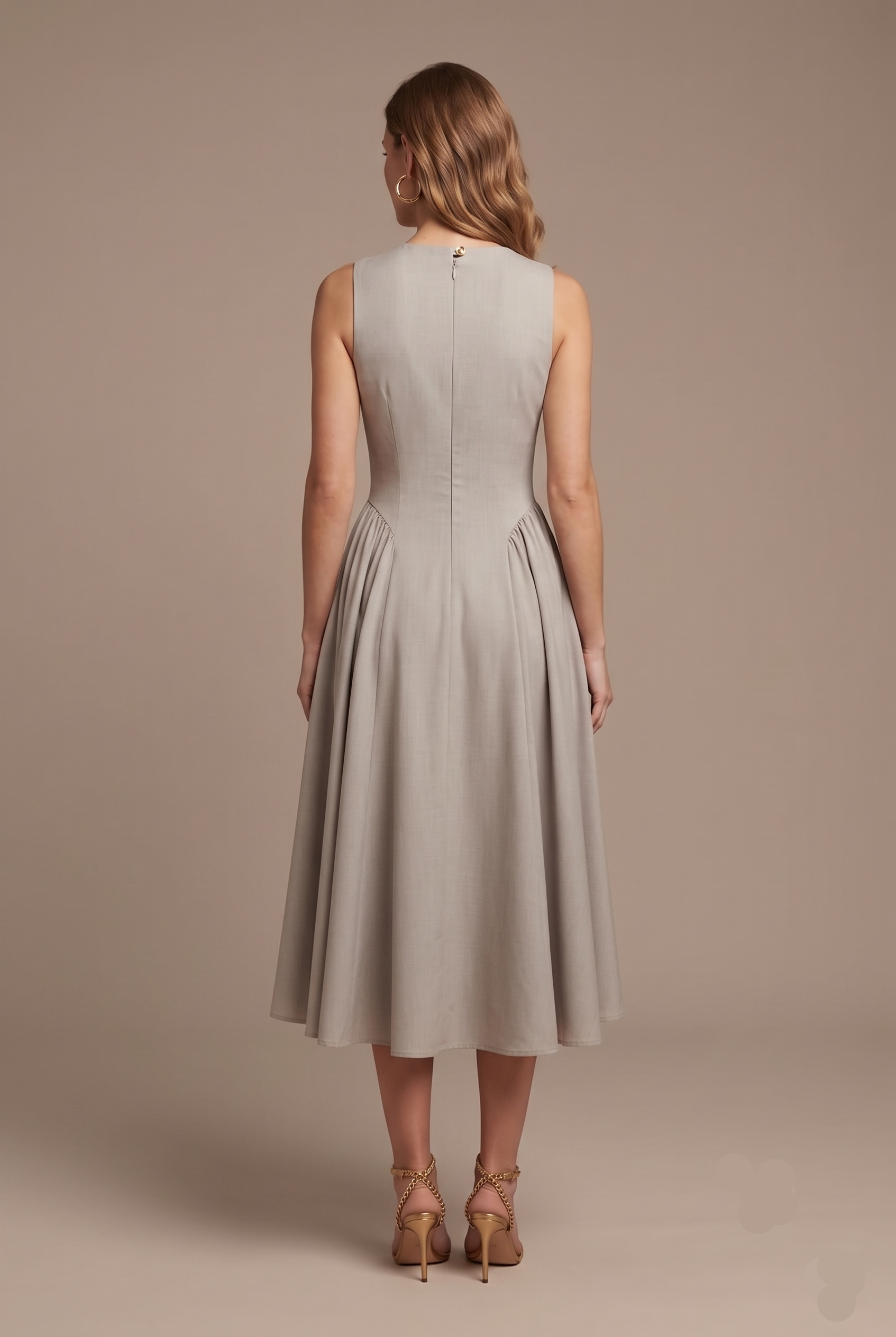 Women's Sleeveless Keyhole Cutout A-Line Midi Dress - Button Closure