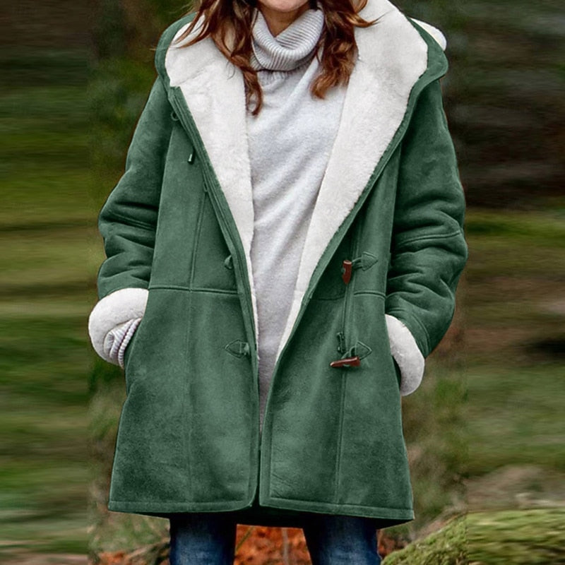 Button Front Winter Coat with Attached Hood and Insulated Fabric, Hip Length