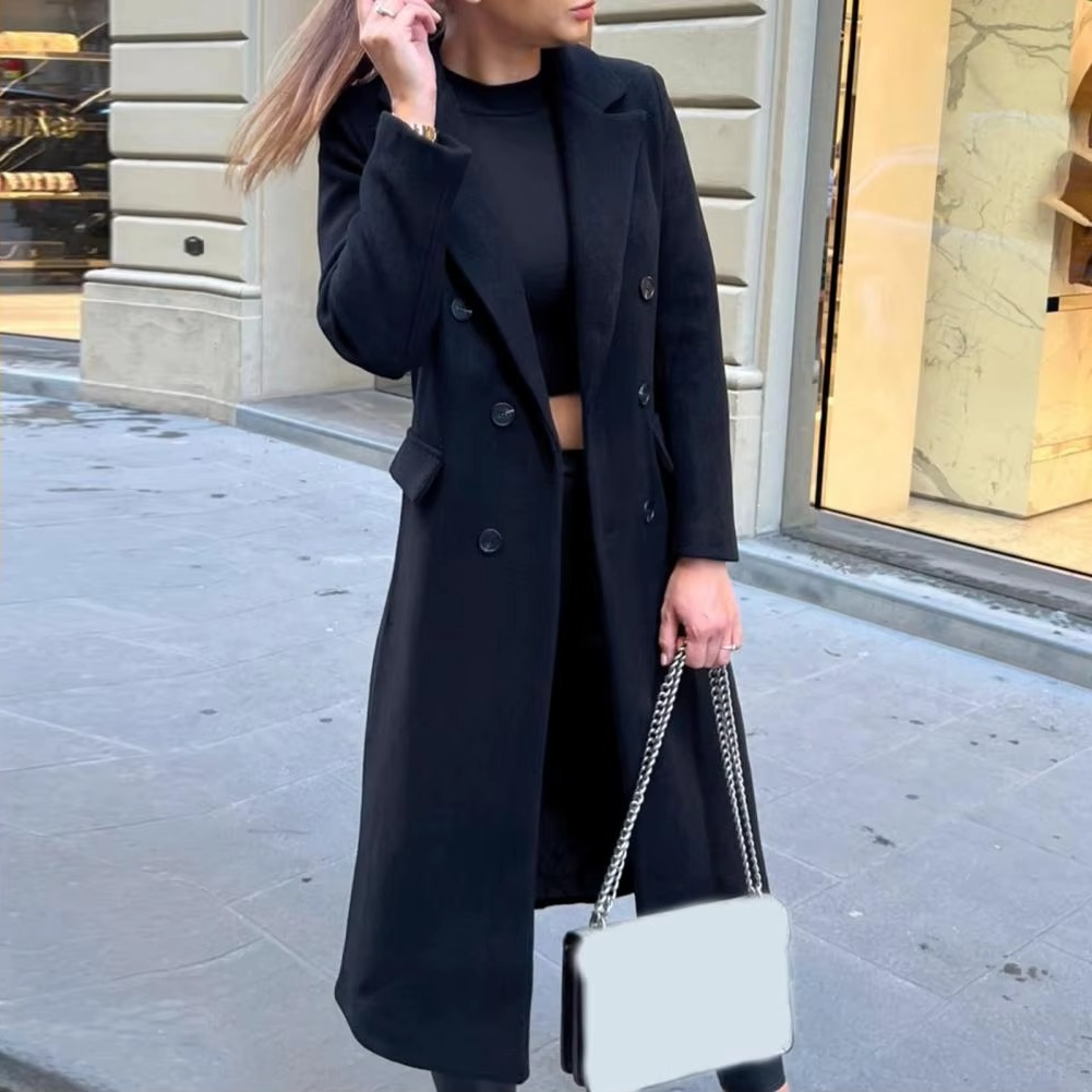 Mid Length Coat with Double Breasted Buttons and Structured Lapel