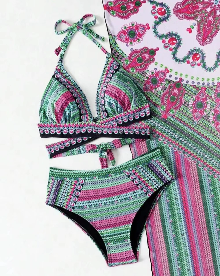 Women's Three Piece Swim Set - Printed Halter Neck Crossover Bikini and High Waist Bottom with Cover Up