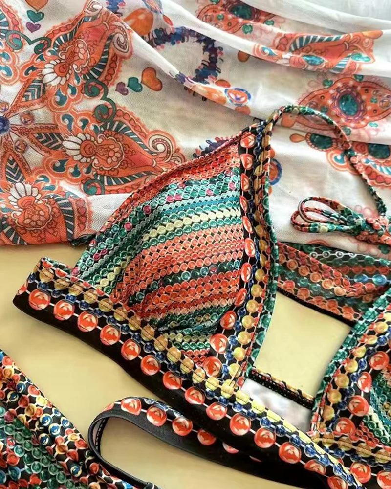 Women's Three Piece Swim Set - Printed Halter Neck Crossover Bikini and High Waist Bottom with Cover Up