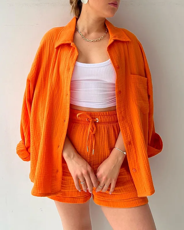 Women's Two Piece Shorts Set - Textured Oversized Button-Up Shirt and Drawstring Shorts Co-Ord