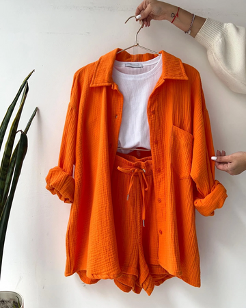 Women's Two Piece Shorts Set - Textured Oversized Button-Up Shirt and Drawstring Shorts Co-Ord