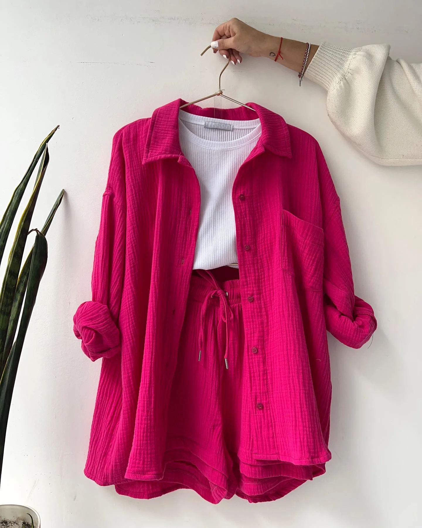 Women's Two Piece Shorts Set - Textured Oversized Button-Up Shirt and Drawstring Shorts Co-Ord