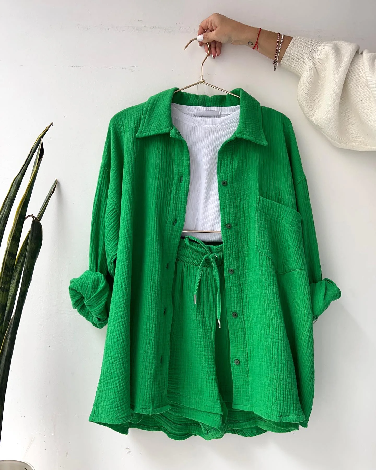 Women's Two Piece Shorts Set - Textured Oversized Button-Up Shirt and Drawstring Shorts Co-Ord