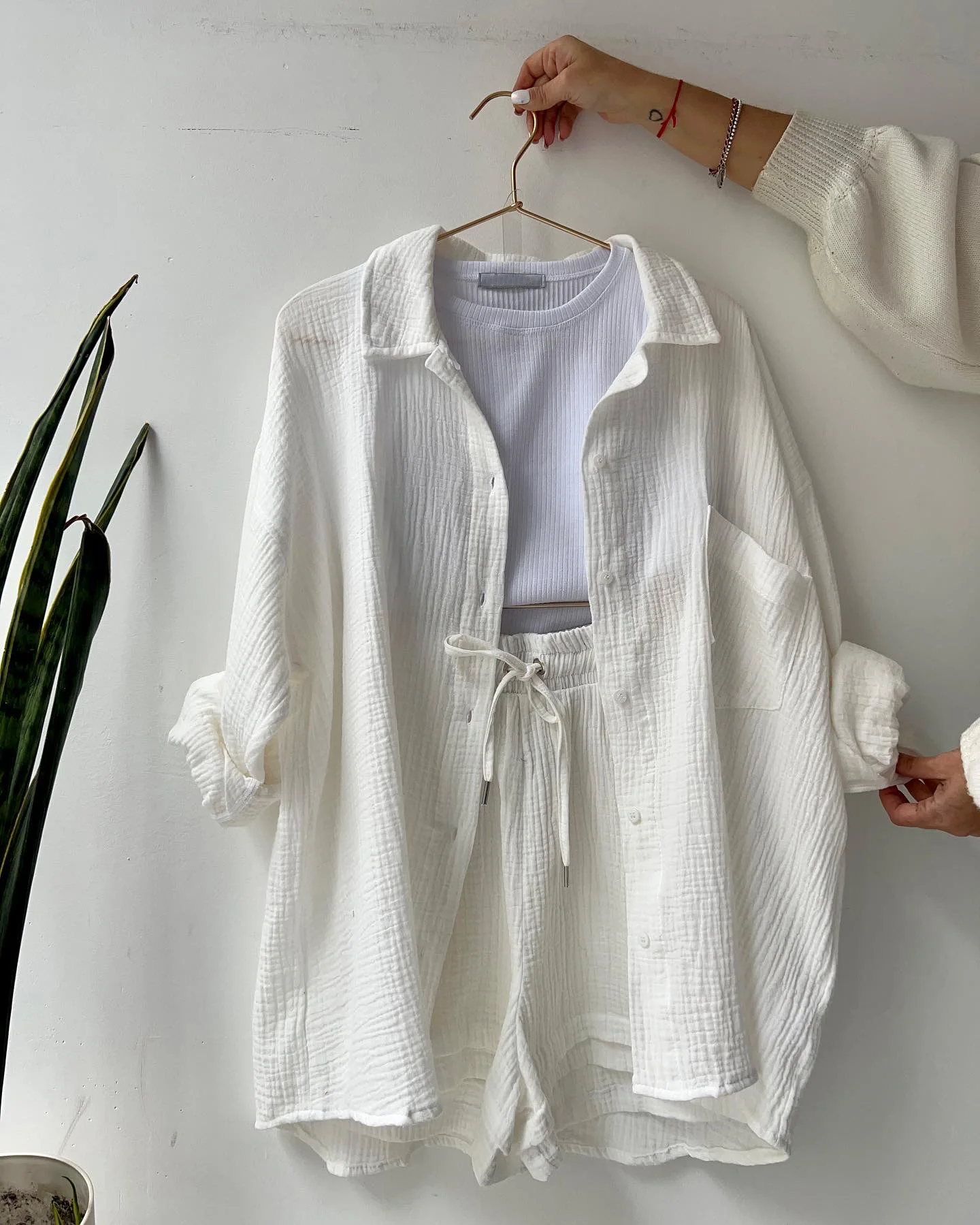Women's Two Piece Shorts Set - Textured Oversized Button-Up Shirt and Drawstring Shorts Co-Ord