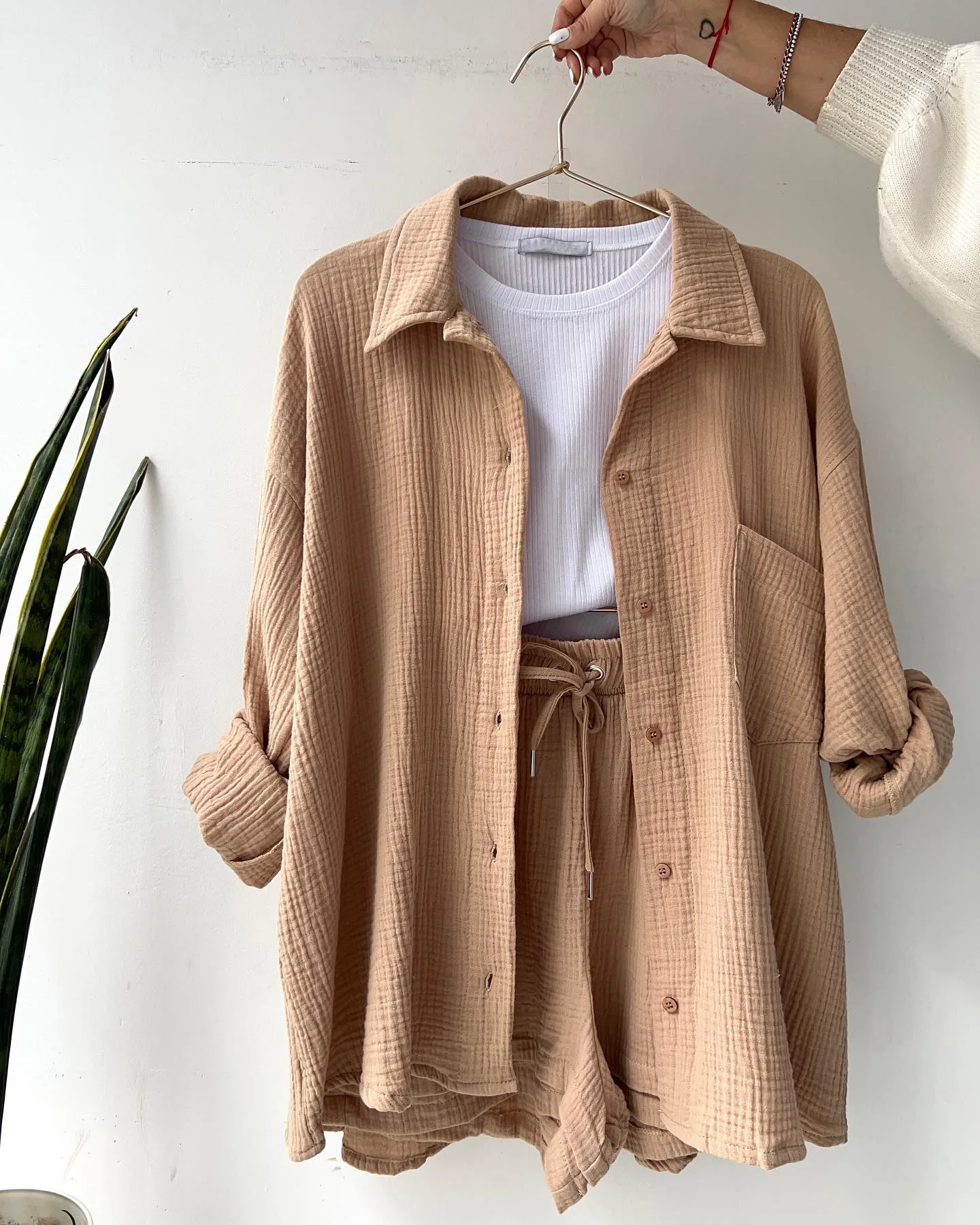 Women's Two Piece Shorts Set - Textured Oversized Button-Up Shirt and Drawstring Shorts Co-Ord