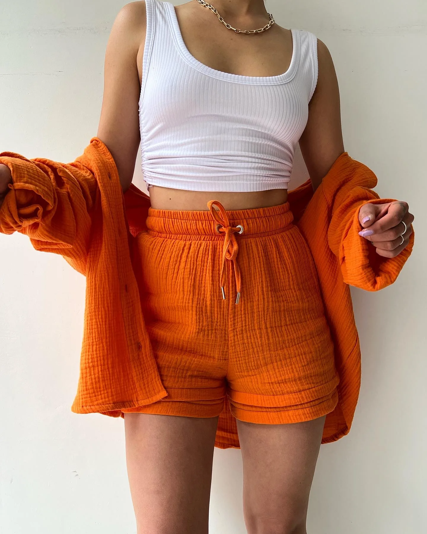 Women's Two Piece Shorts Set - Textured Oversized Button-Up Shirt and Drawstring Shorts Co-Ord