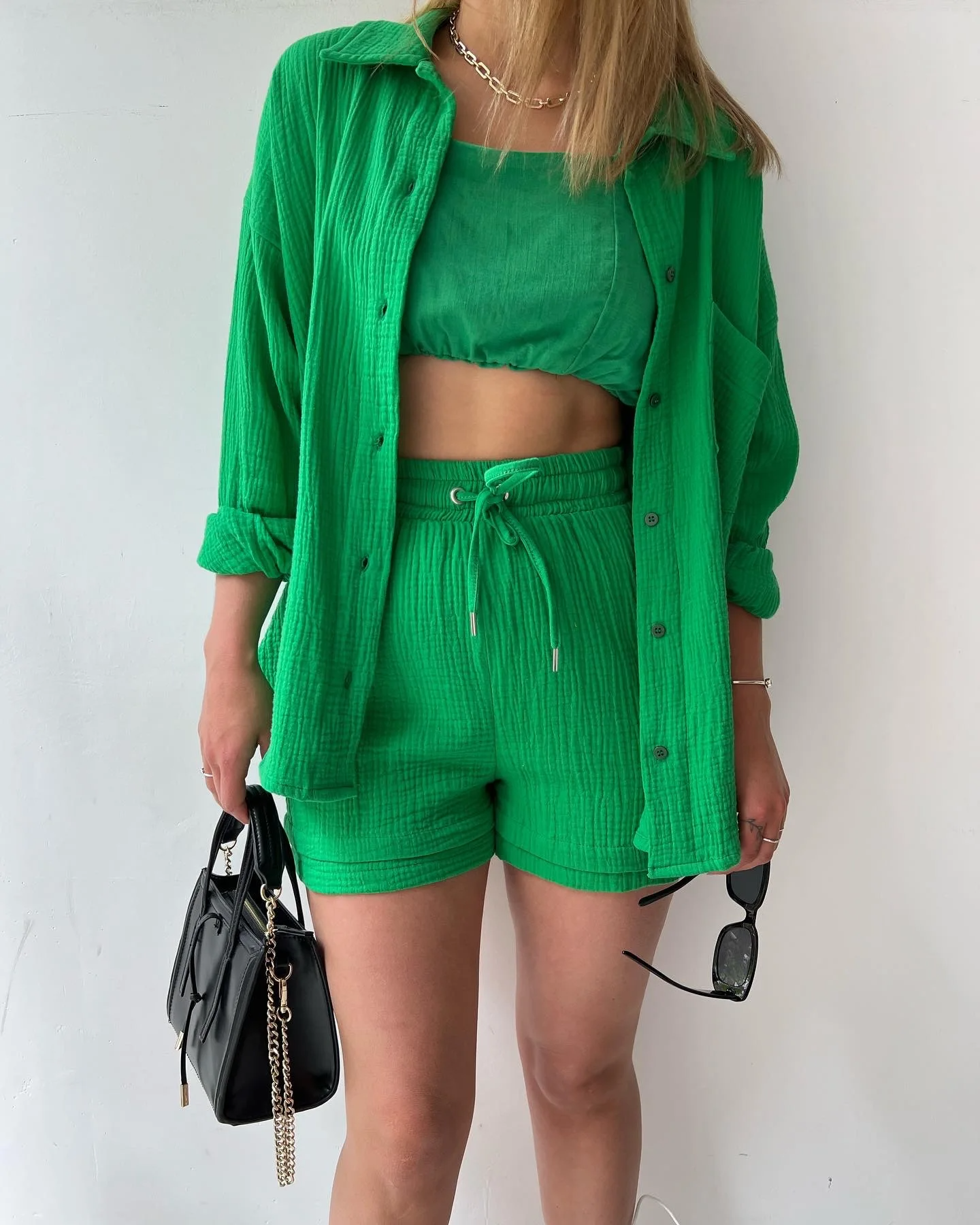 Women's Two Piece Shorts Set - Textured Oversized Button-Up Shirt and Drawstring Shorts Co-Ord