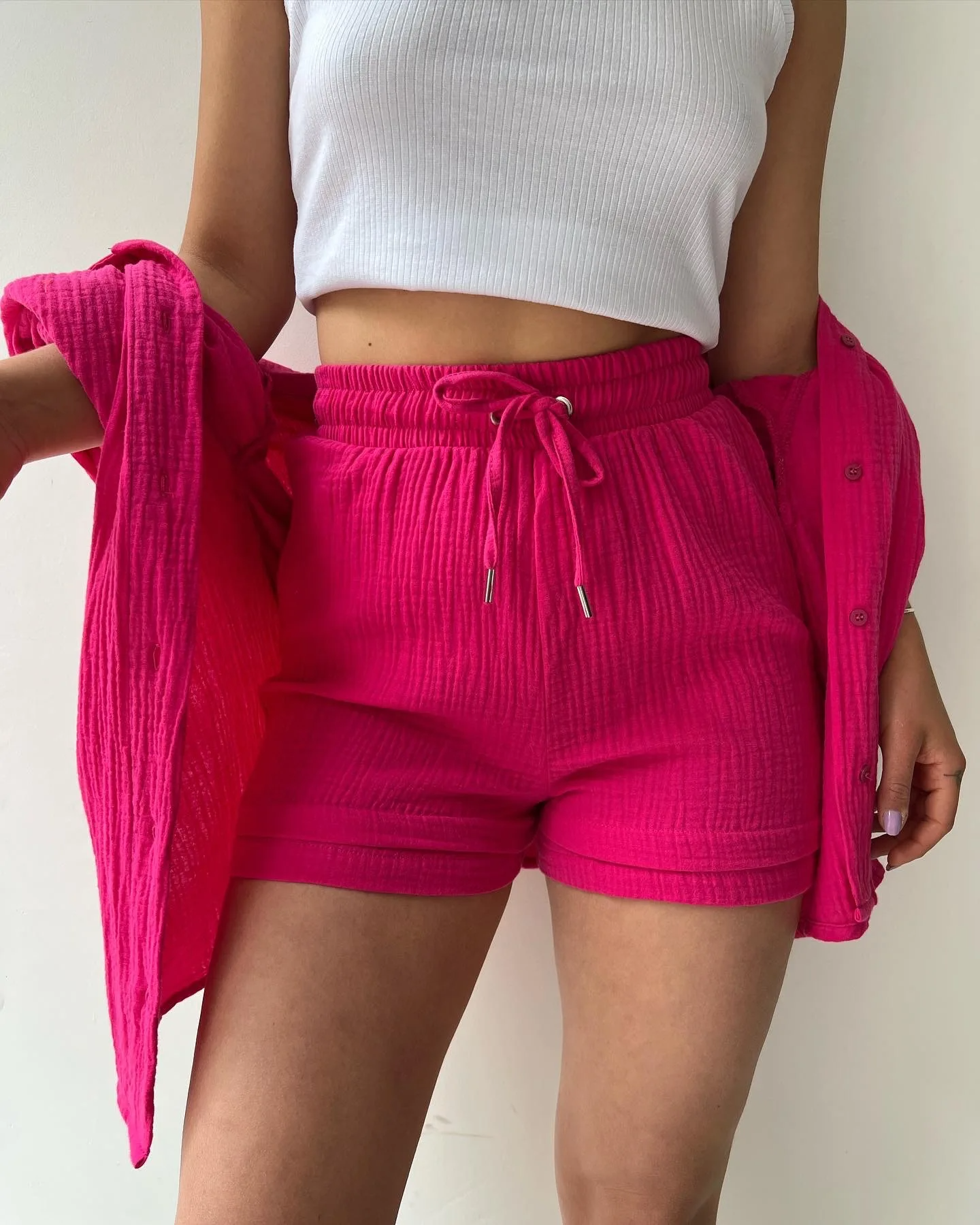 Women's Two Piece Shorts Set - Textured Oversized Button-Up Shirt and Drawstring Shorts Co-Ord