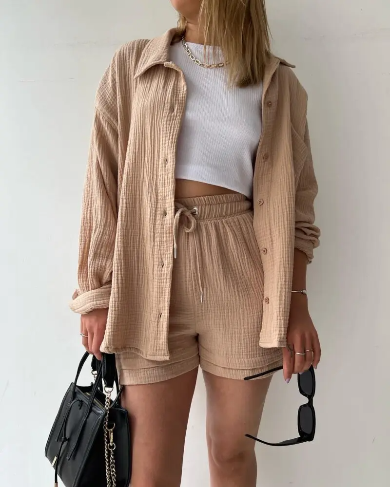 Women's Two Piece Shorts Set - Textured Oversized Button-Up Shirt and Drawstring Shorts Co-Ord