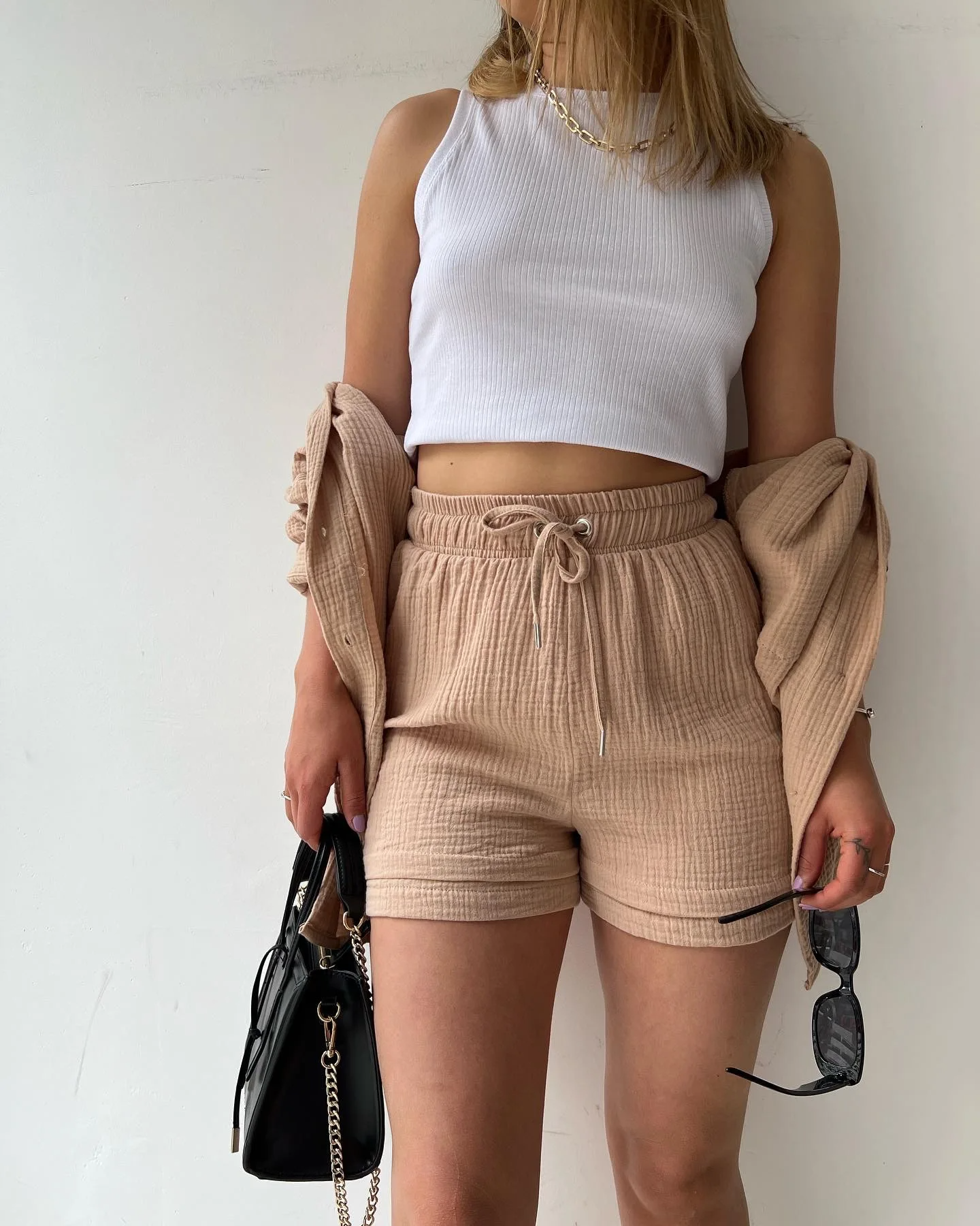 Women's Two Piece Shorts Set - Textured Oversized Button-Up Shirt and Drawstring Shorts Co-Ord