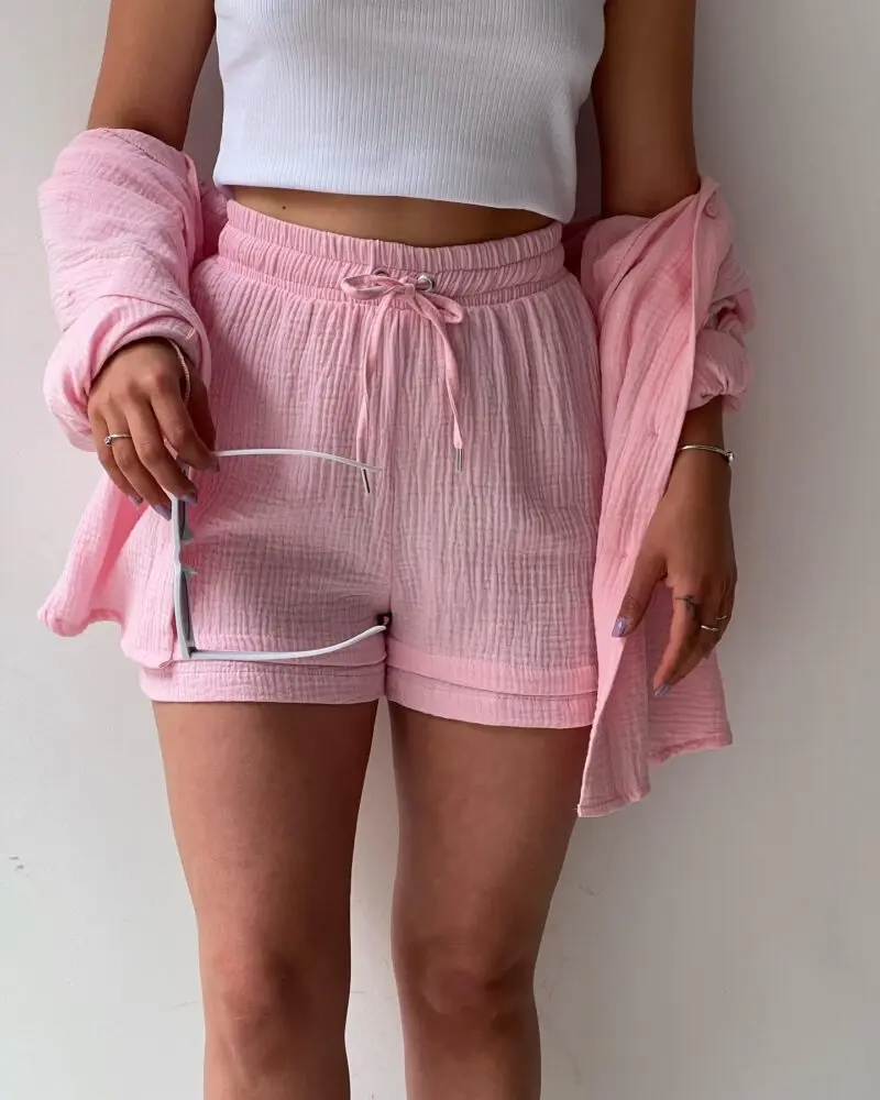 Women's Two Piece Shorts Set - Textured Oversized Button-Up Shirt and Drawstring Shorts Co-Ord