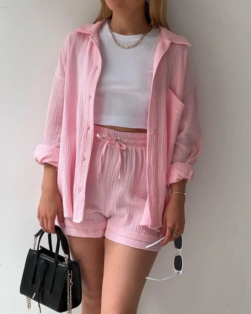 Women's Two Piece Shorts Set - Textured Oversized Button-Up Shirt and Drawstring Shorts Co-Ord
