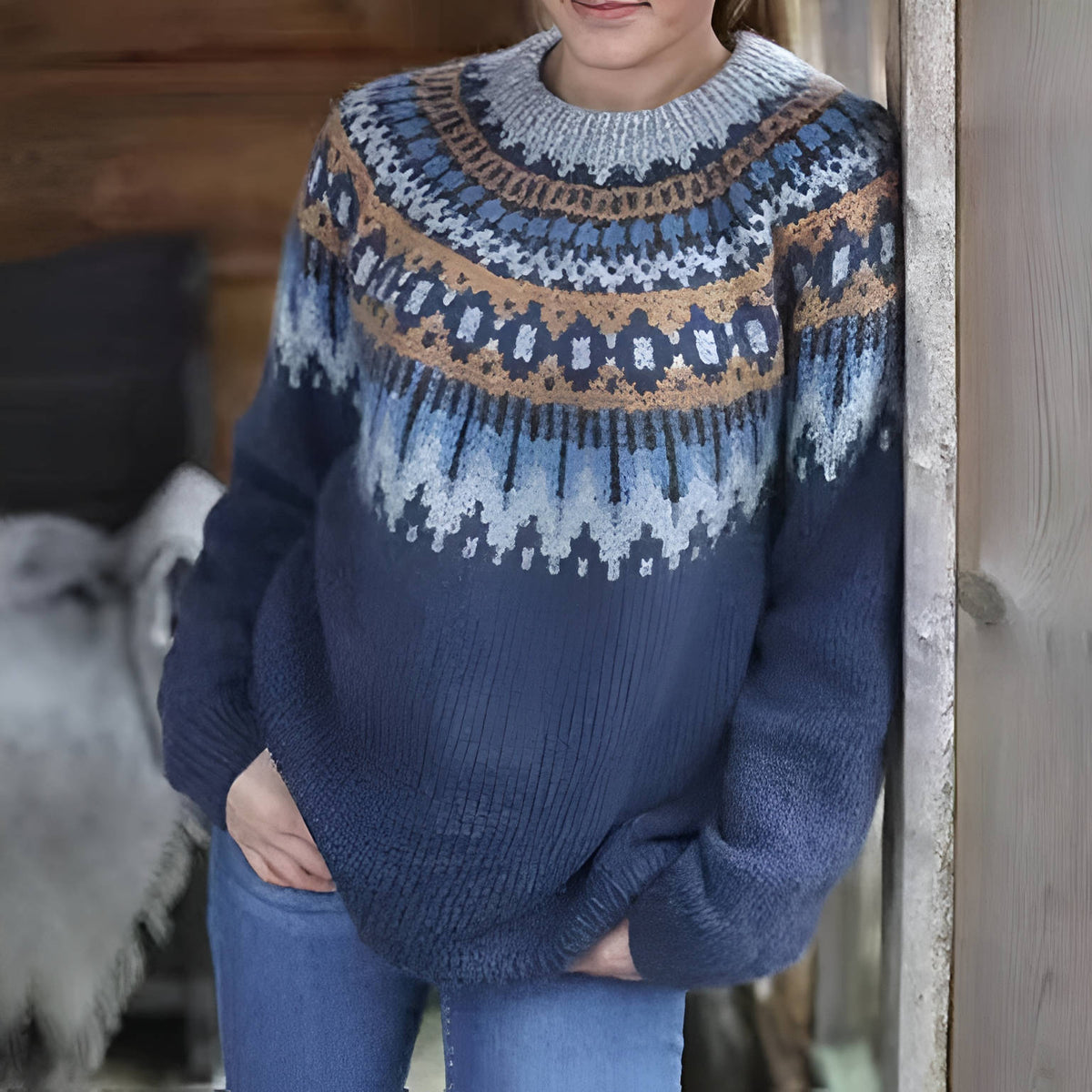 Fair Isle Crewneck Sweater for Women with Ribbed Cuffs and Geometric Pattern