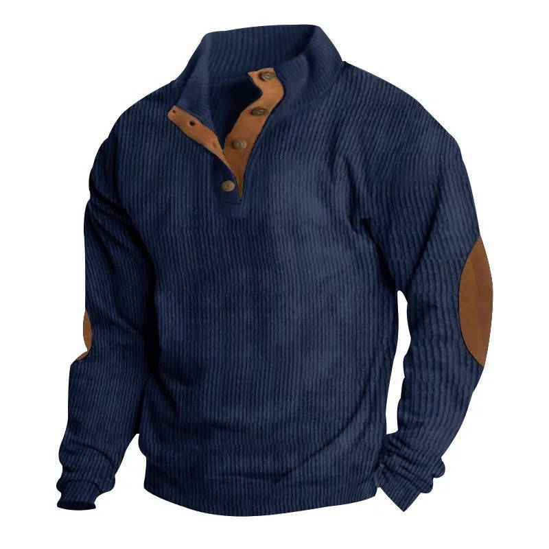 Fleece Lined Pullover Sweater with Button Neck Closure and Elbow Patches