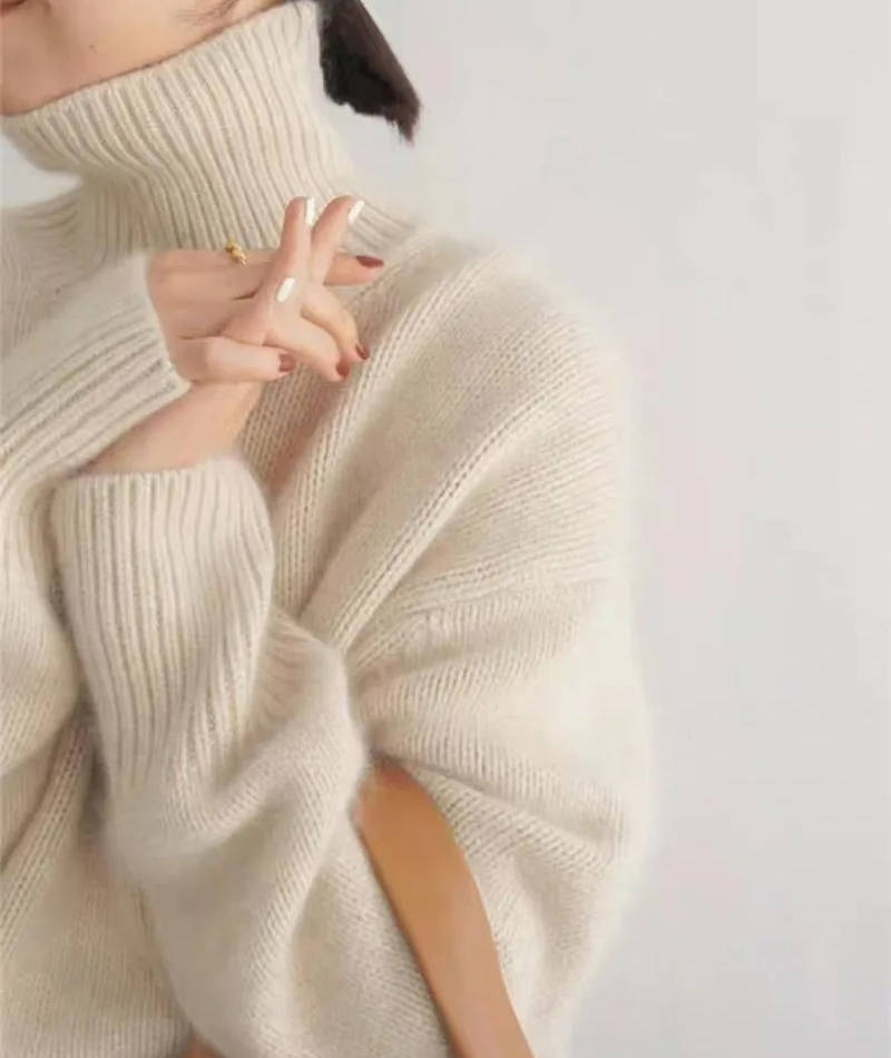 Turtleneck Sweater with Stretch Knit and Full Wrist Coverage, Loose Fit