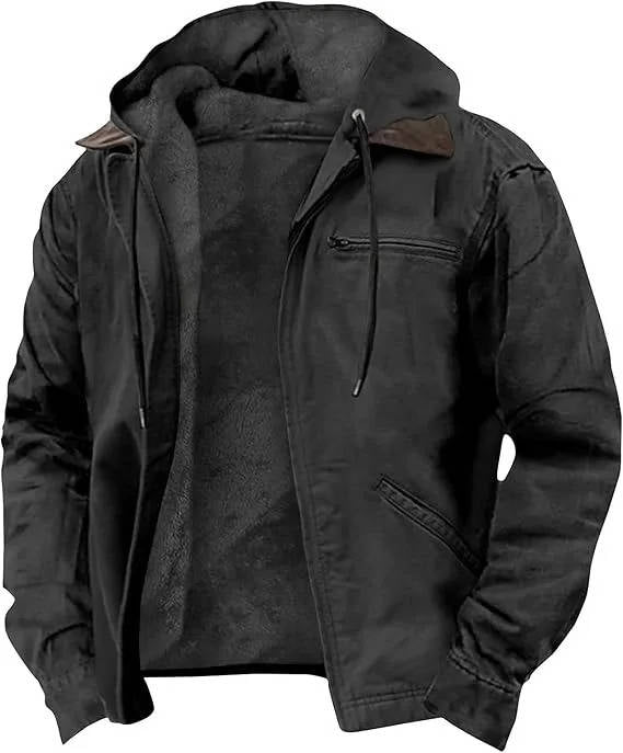 Men's Hooded Fleece Jacket with Adjustable Drawstring and Full Front Zipper, Side Pockets
