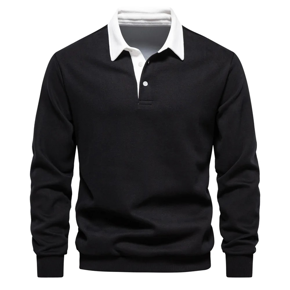 Men's Long Sleeve Polo Shirt with Three Button Neckline and Ribbed Cuffs